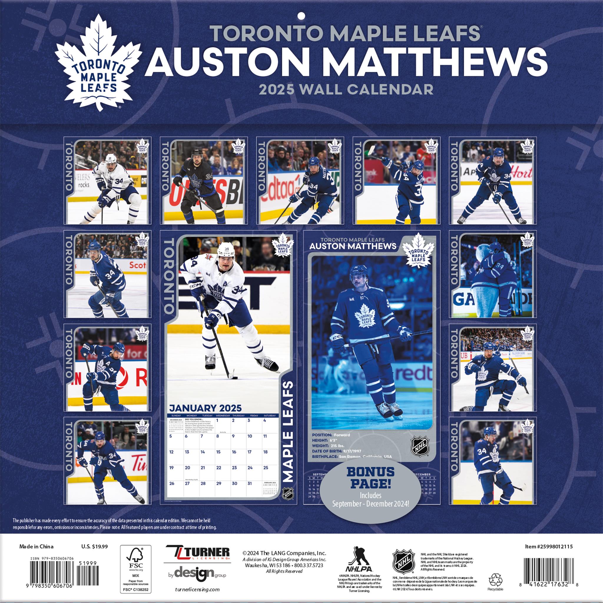 NHL Auston Matthews Toronto Maple Leafs Wall 2025 Calendar