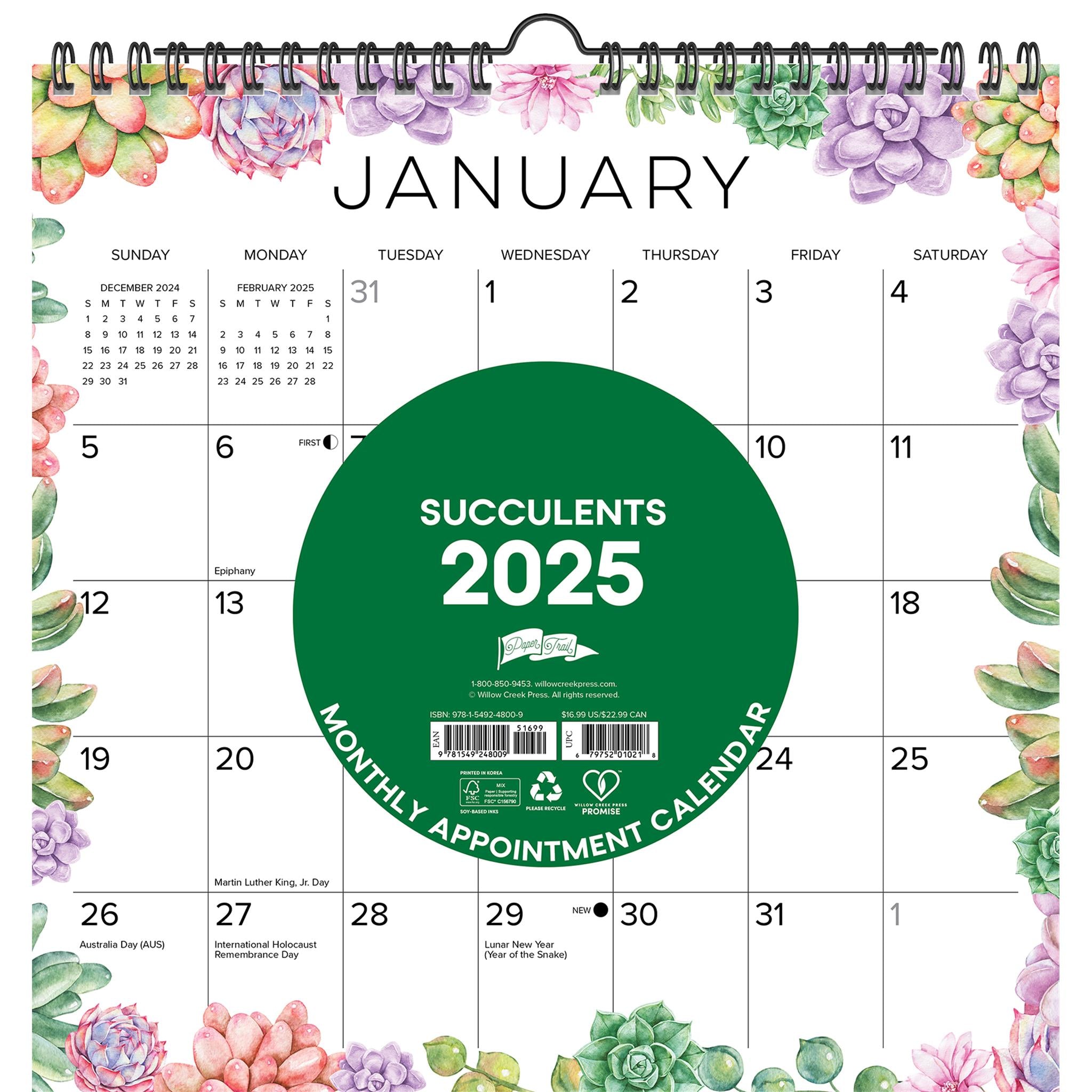 Succulents Spiral Wall 2025 Calendar - Online Exclusive