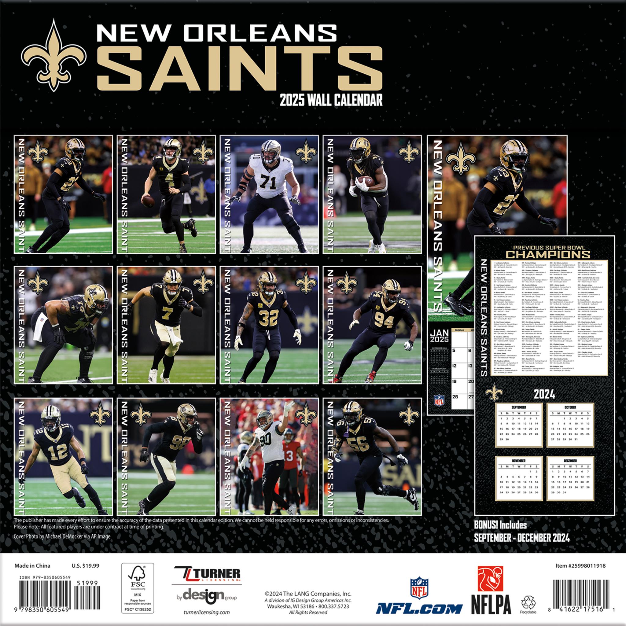 NFL New Orleans Saints Wall 2025 Calendar