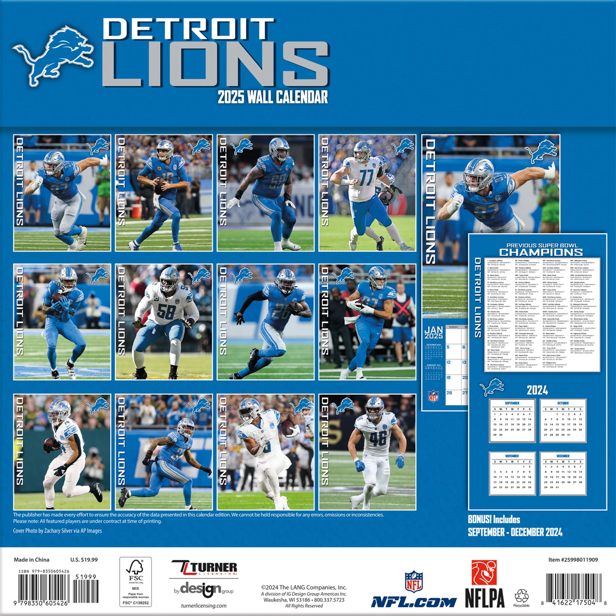 NFL Detroit Lions Wall 2025 Calendar