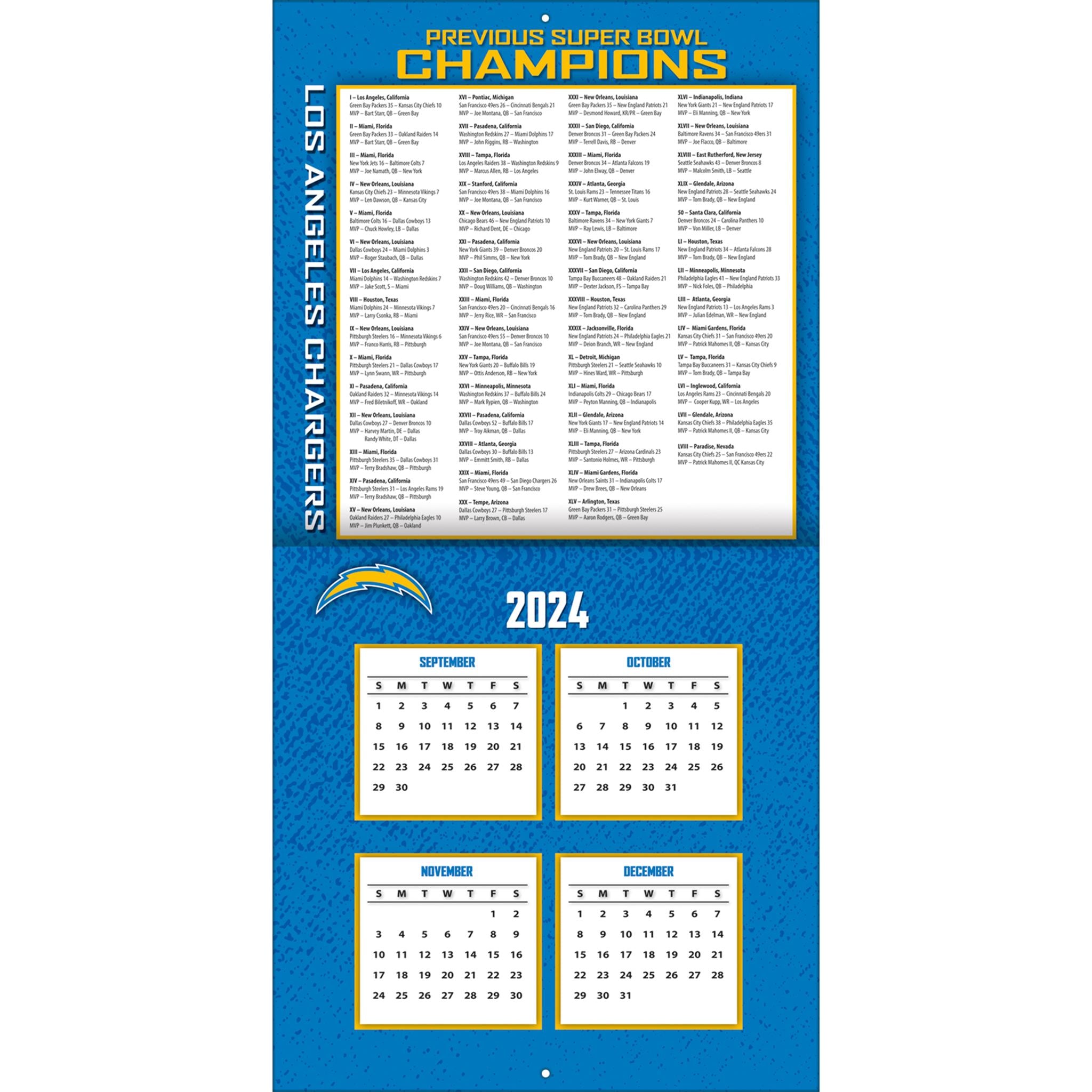 NFL Los Angeles Chargers Wall 2025 Calendar - Online Exclusive