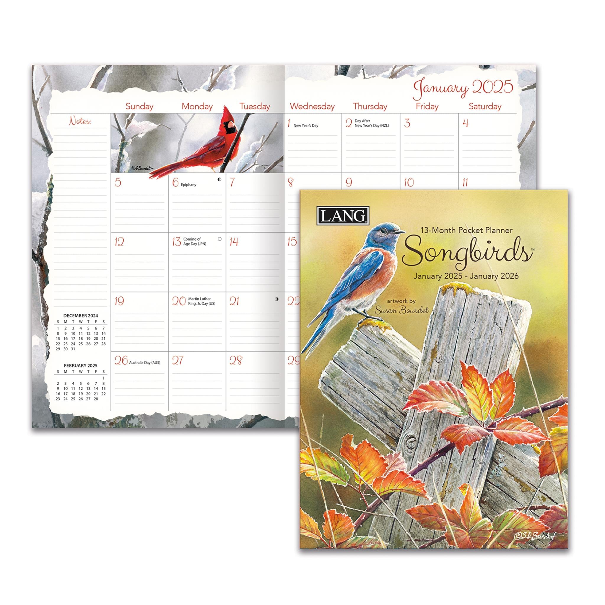 Songbirds Monthly Pocket Planner 2025 Calendar