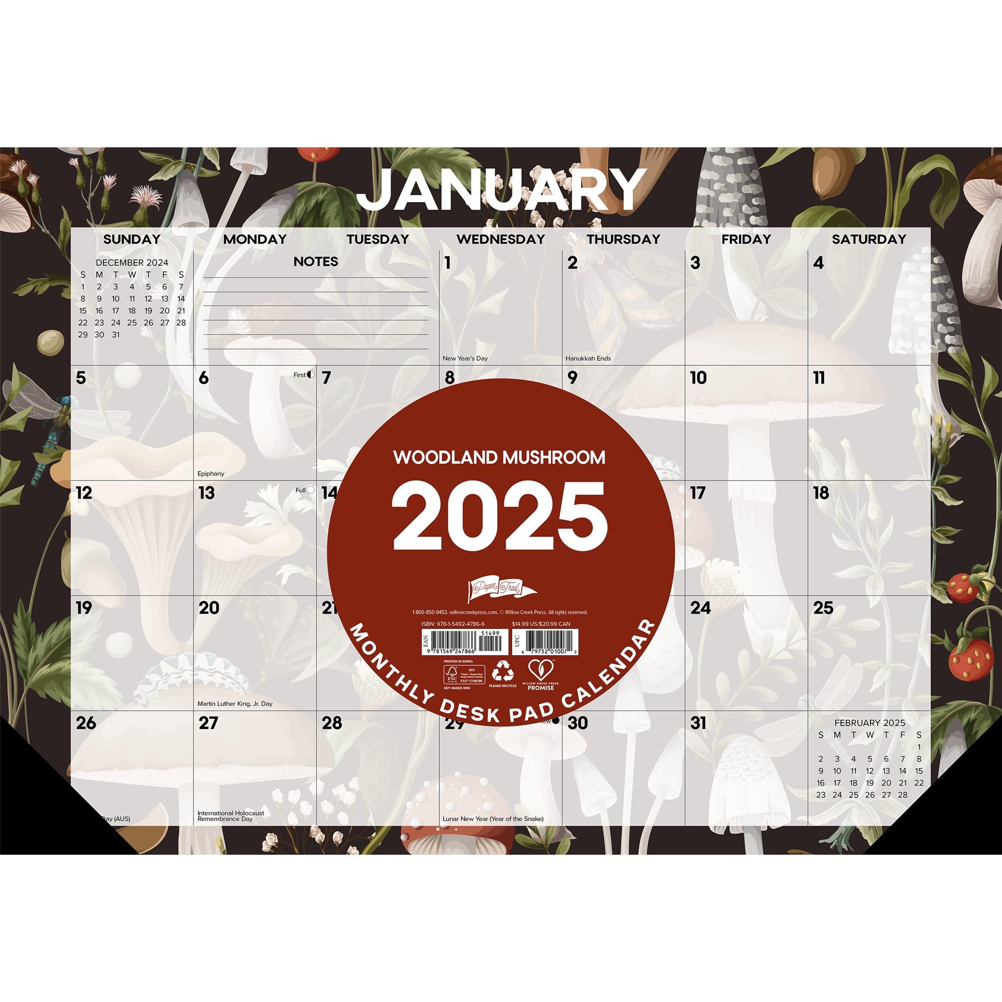 Woodland Mushroom Small Desk Pad 2025 Calendar