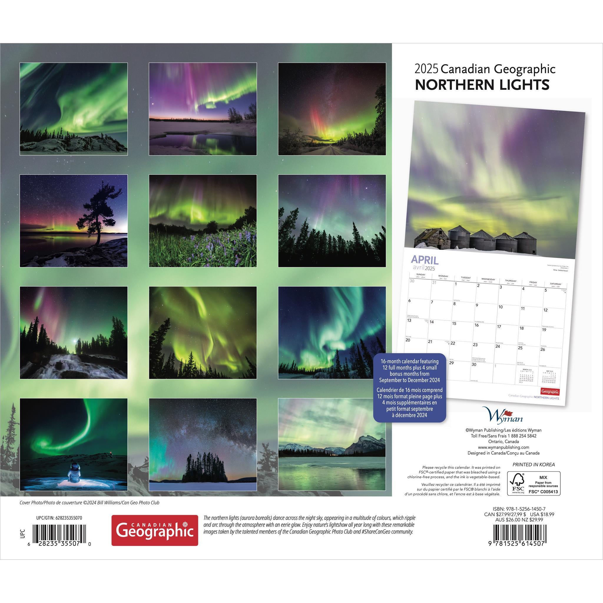 Northern Lights Canadian Geographic Wall 2025 Calendar