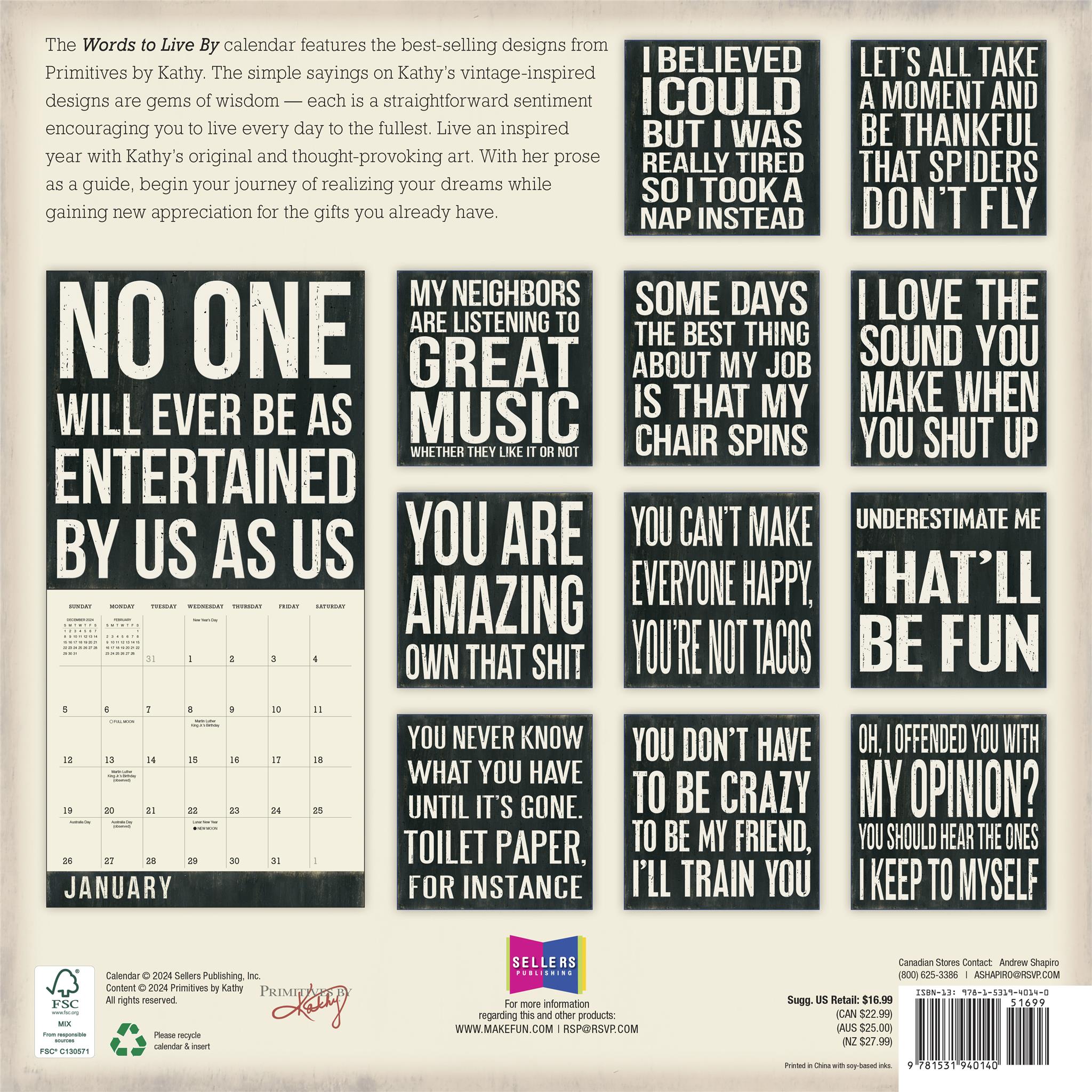 Words To Live By Wall 2025 Calendar