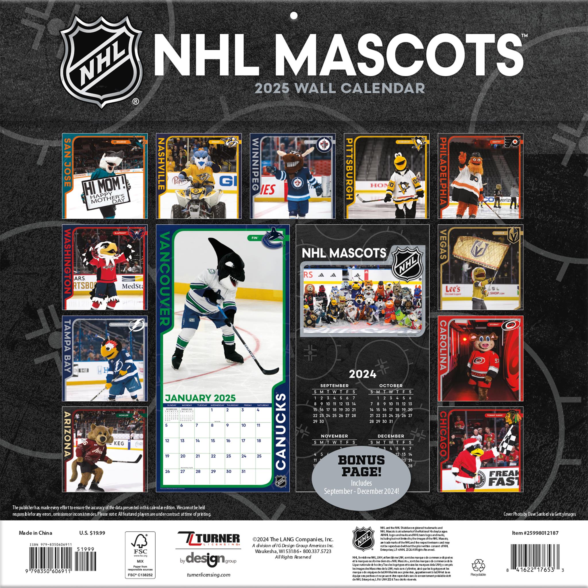 NHL Mascot Wall 2025 Calendar