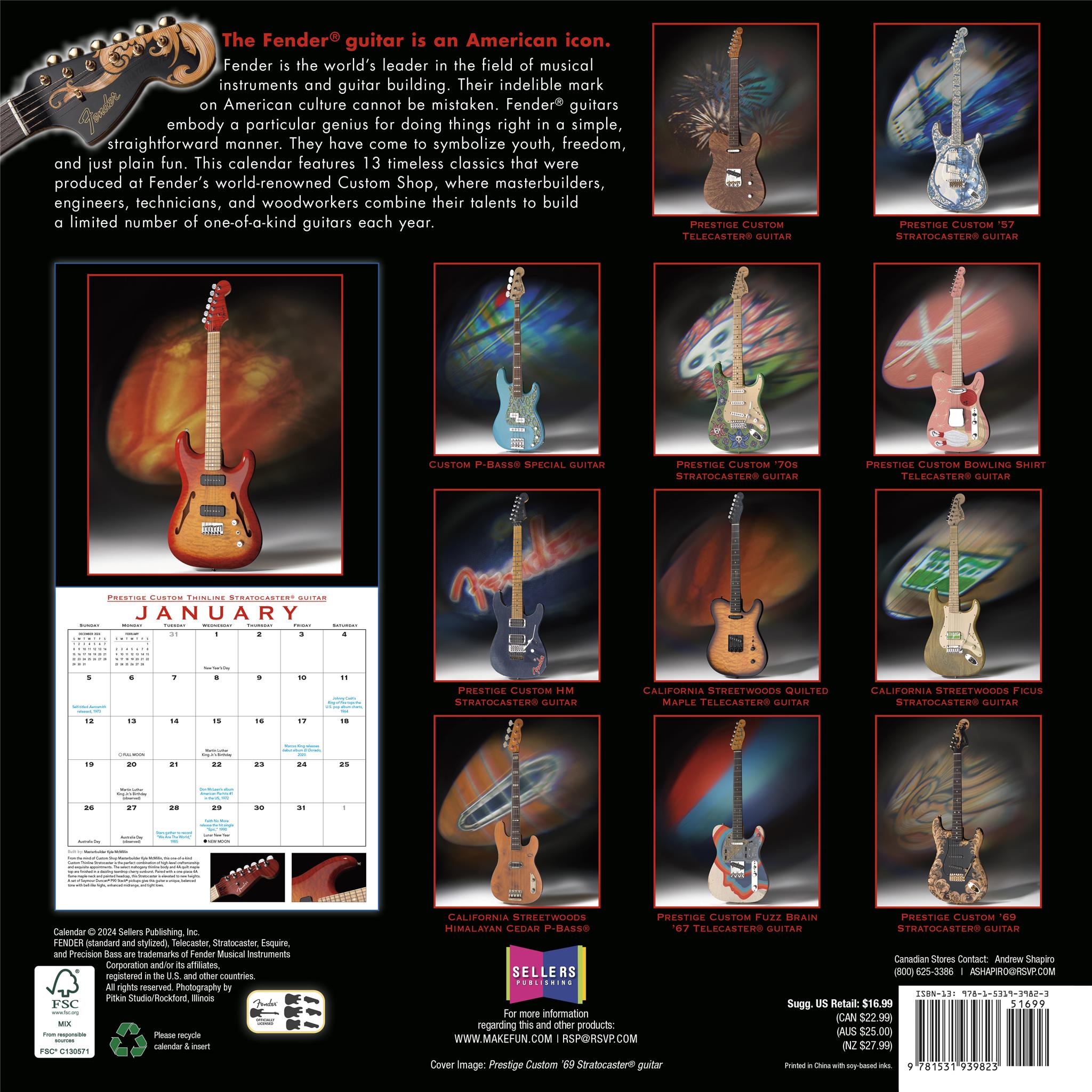 Fender Guitars Custom Shop Wall 2025 Calendar