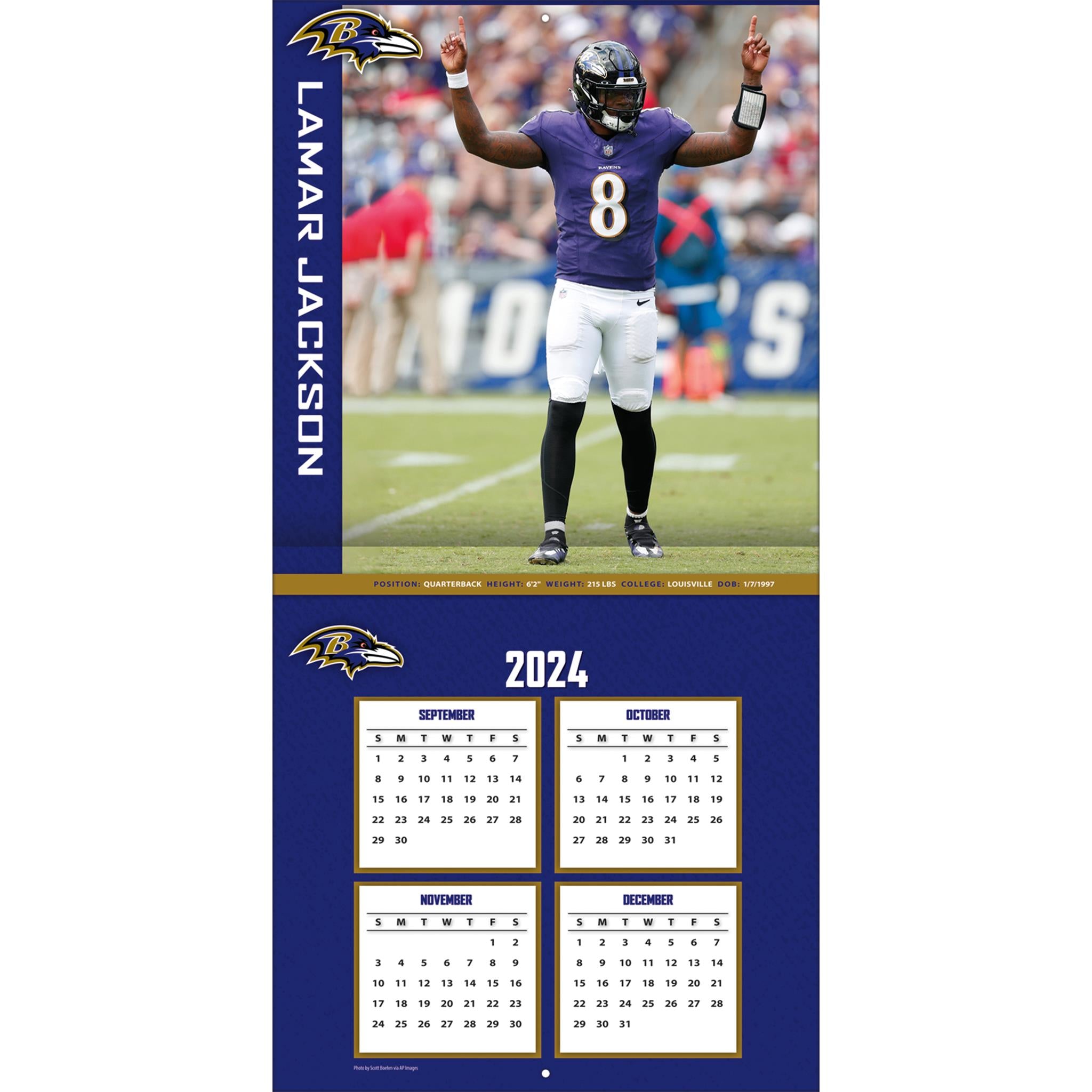 NFL Baltimore Ravens Lamar Jackson Wall 2025 Calendar