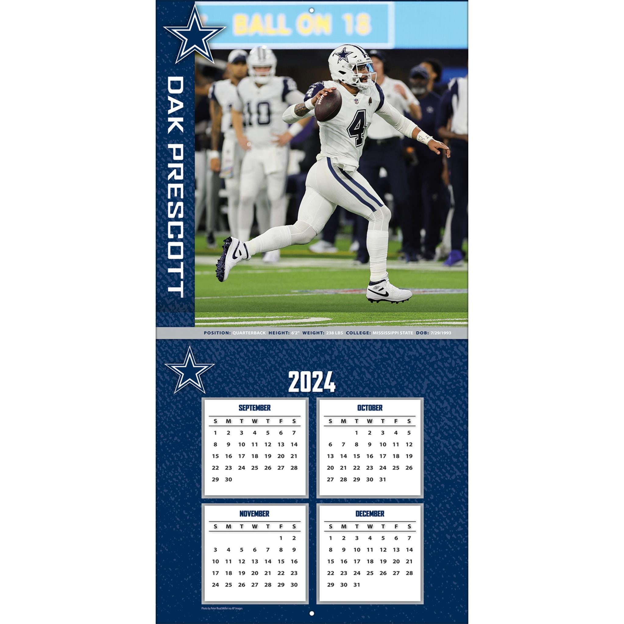 NFL Dallas Cowboys Dak Prescott Wall 2025 Calendar - Online Exclusive