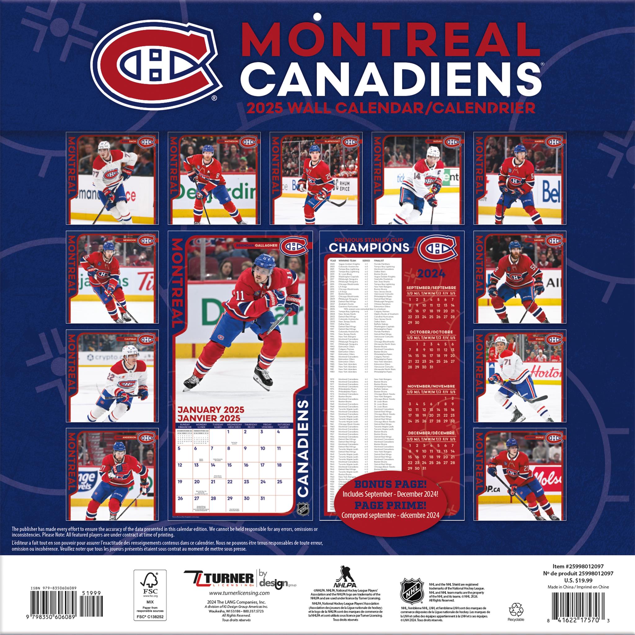 NHL Montreal Canadiens Bilingual Wall 2025 Calendar