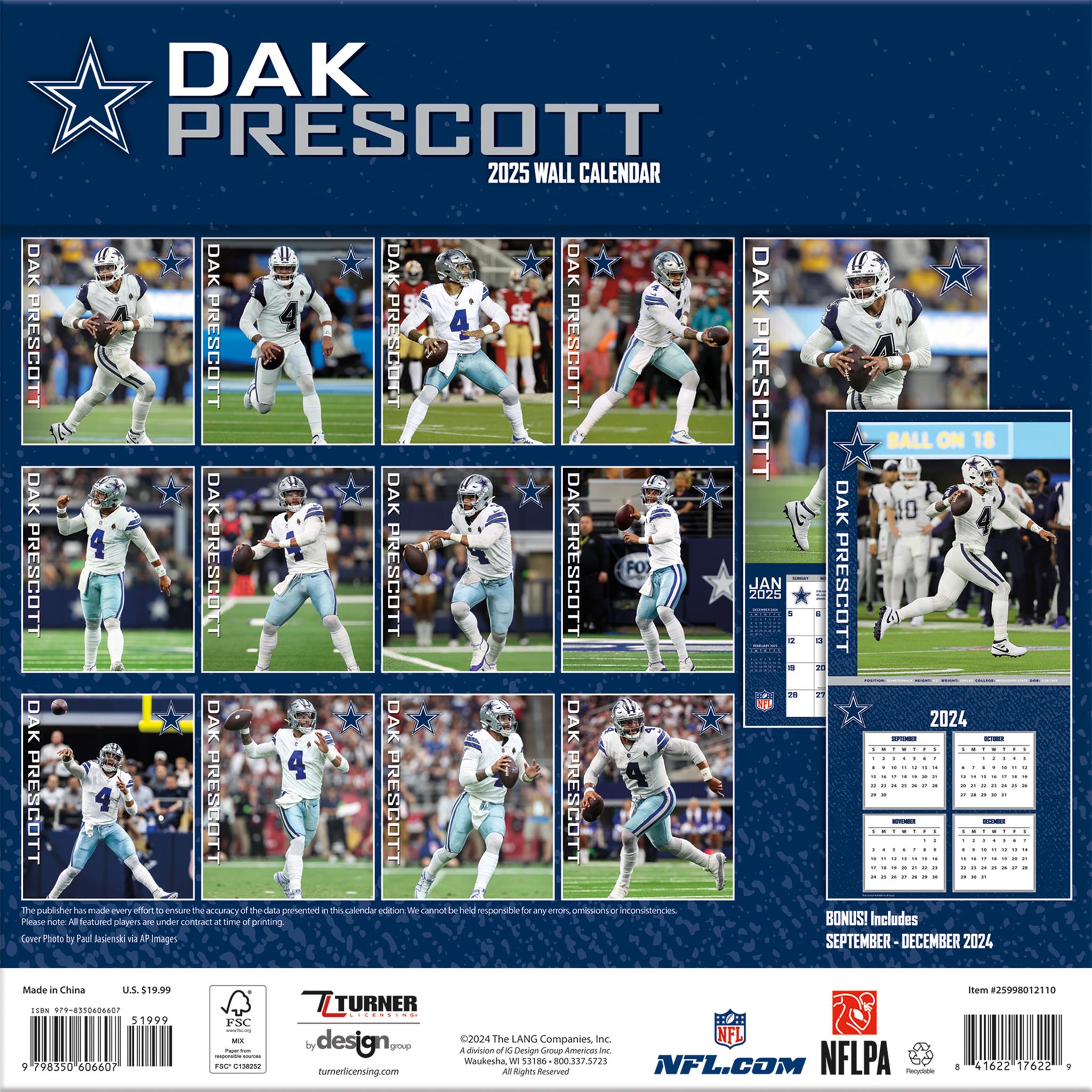 NFL Dallas Cowboys Dak Prescott Wall 2025 Calendar - Online Exclusive