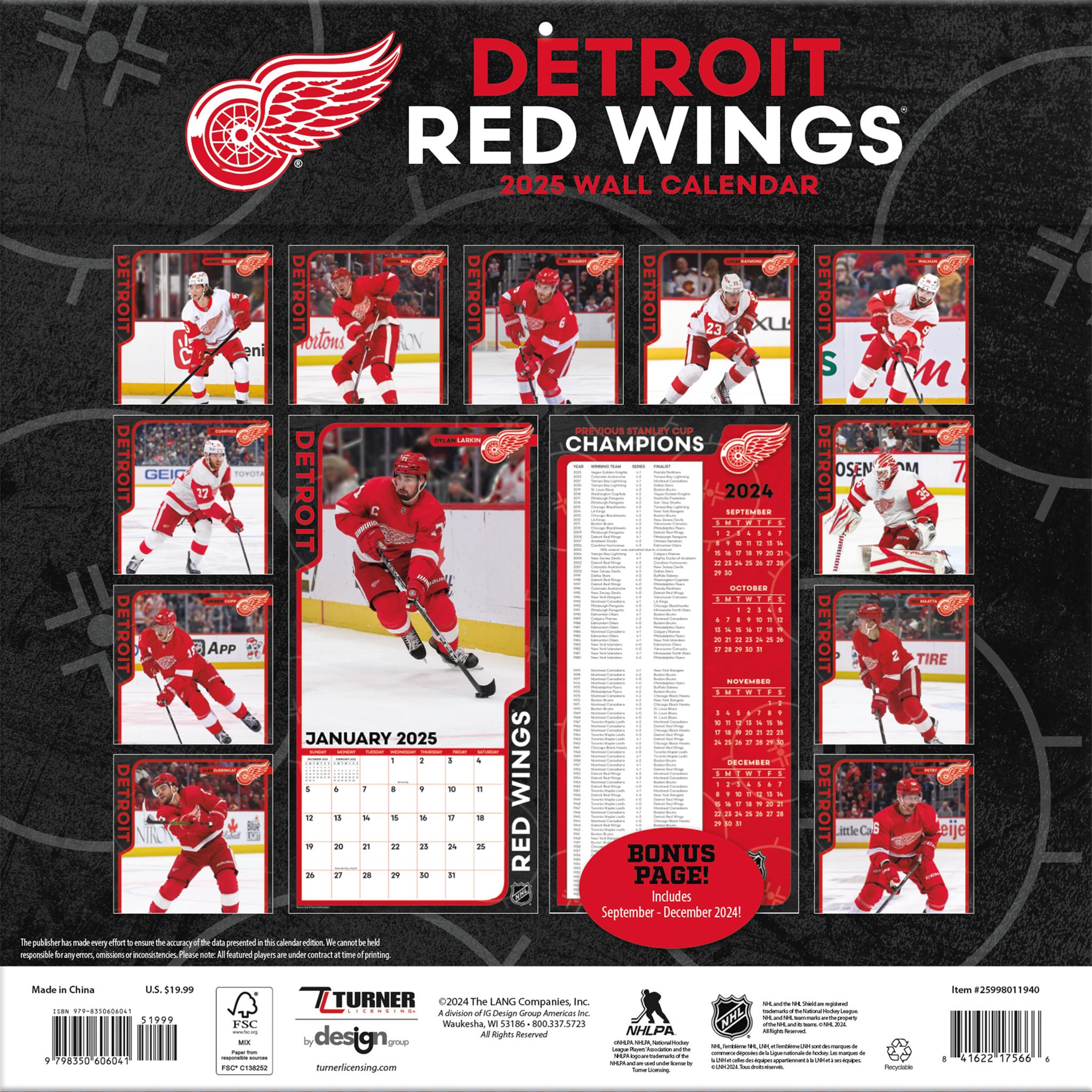 NHL Detroit Red Wings Wall 2025 Calendar