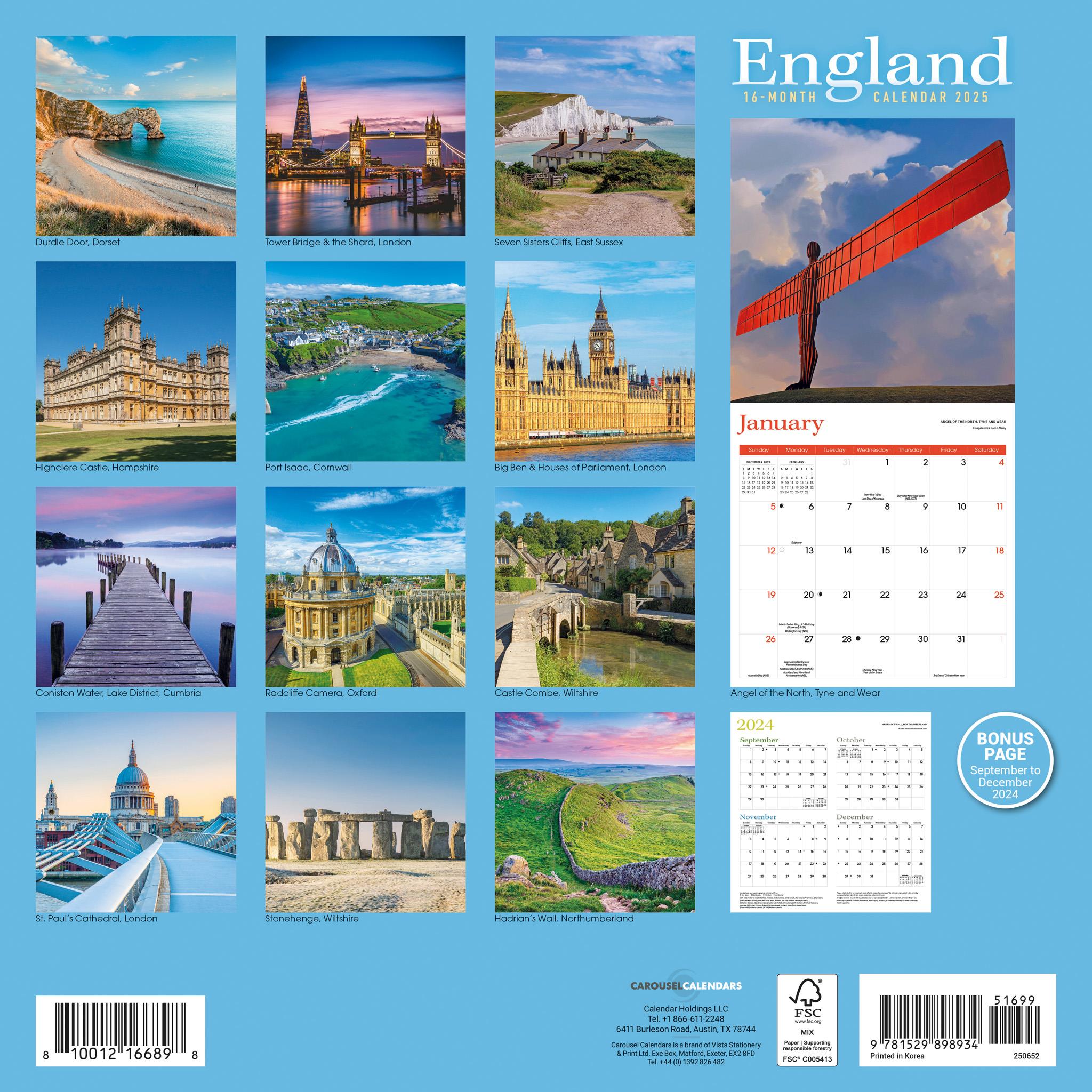 England Wall 2025 Calendar