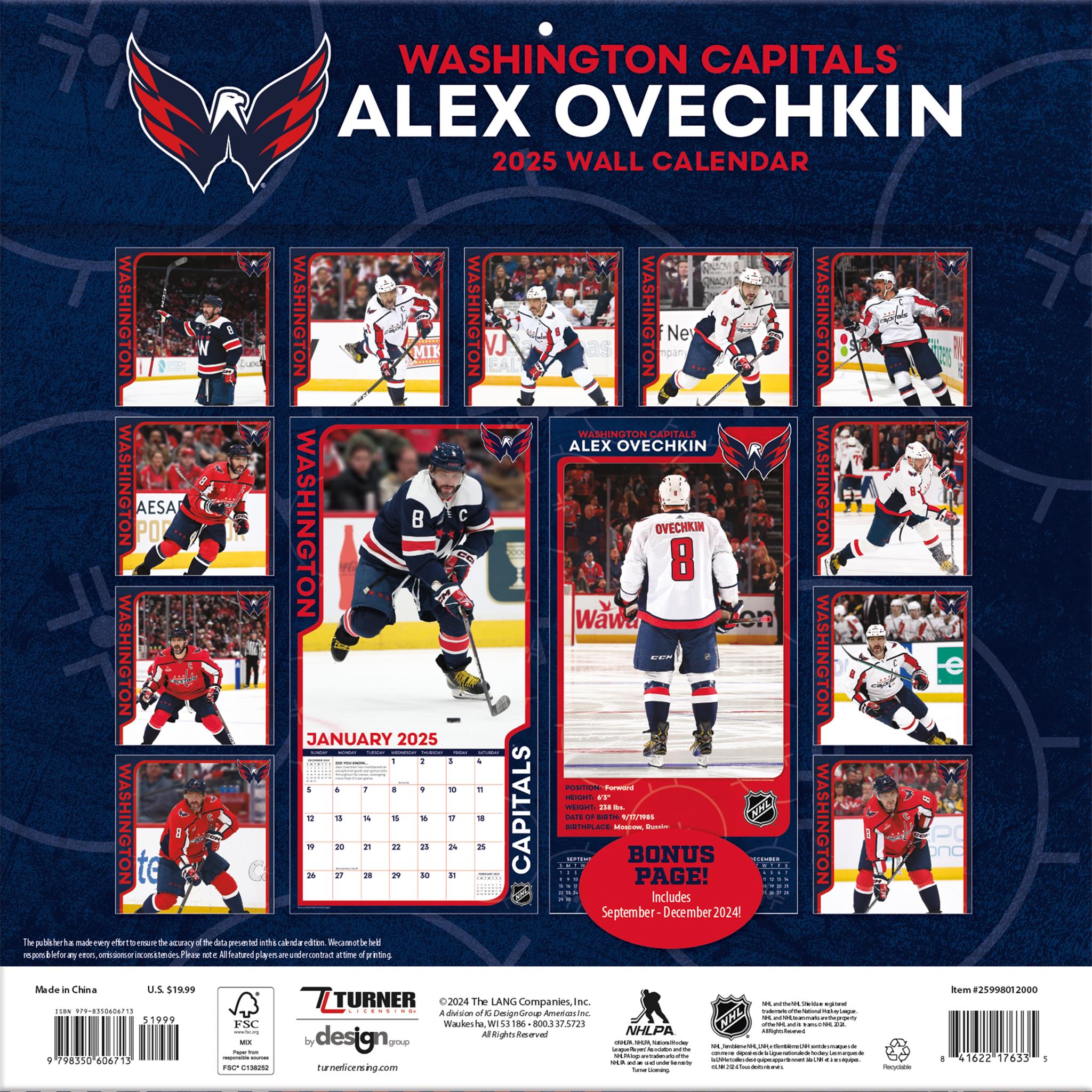 NHL Alex Ovechkin Washington Capitals Wall 2025 Calendar