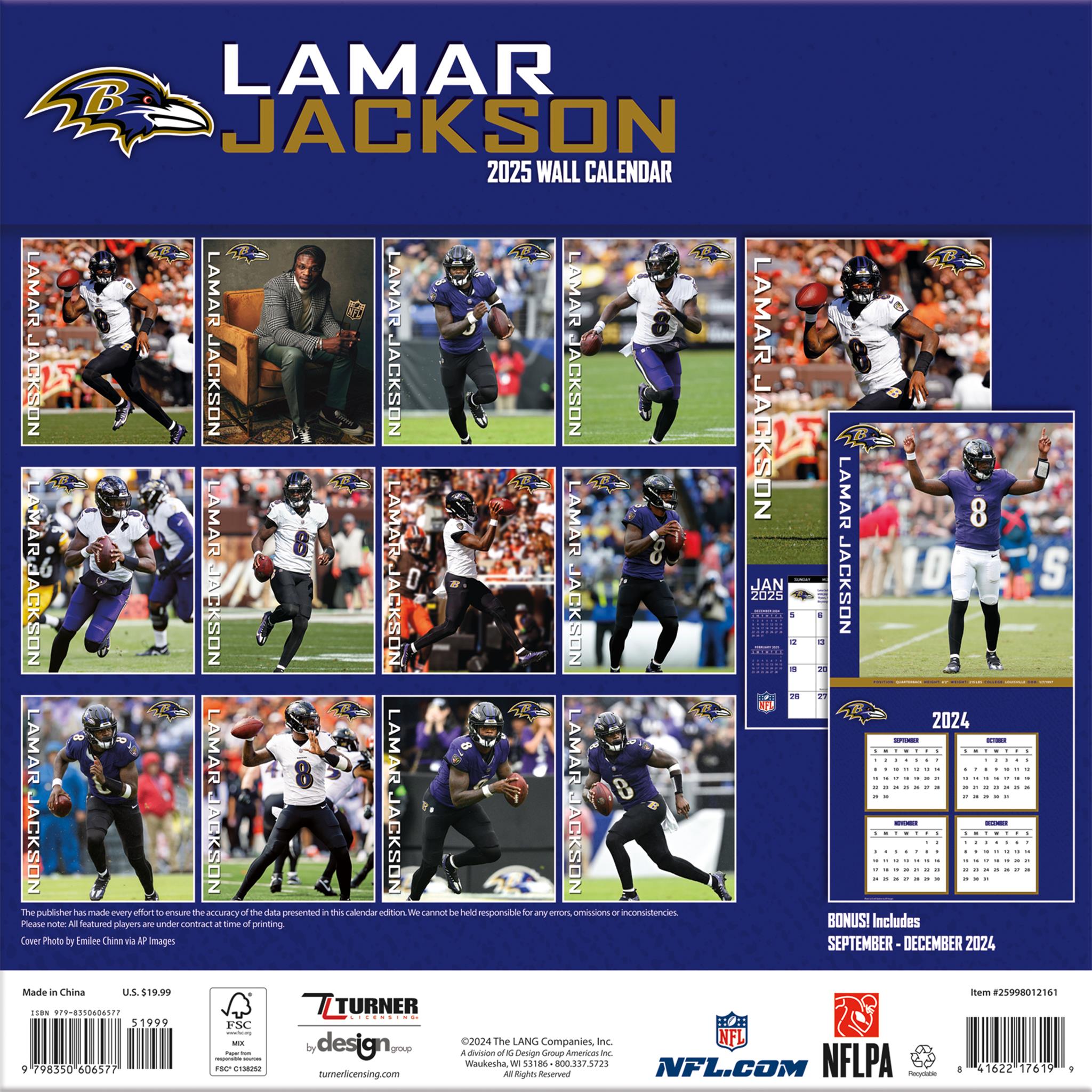 NFL Baltimore Ravens Lamar Jackson Wall 2025 Calendar