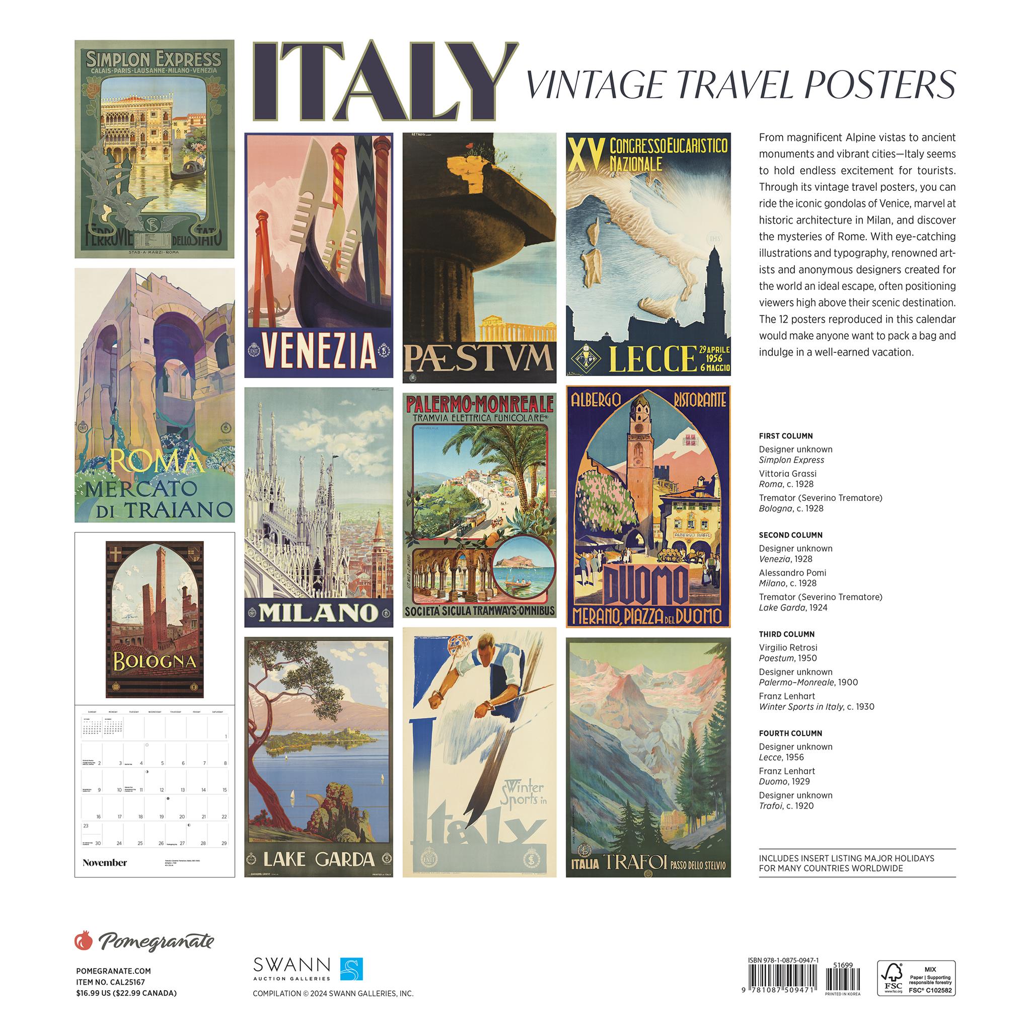 Italy Vintage Travel Posters Wall 2025 Calendar - Online Exclusive