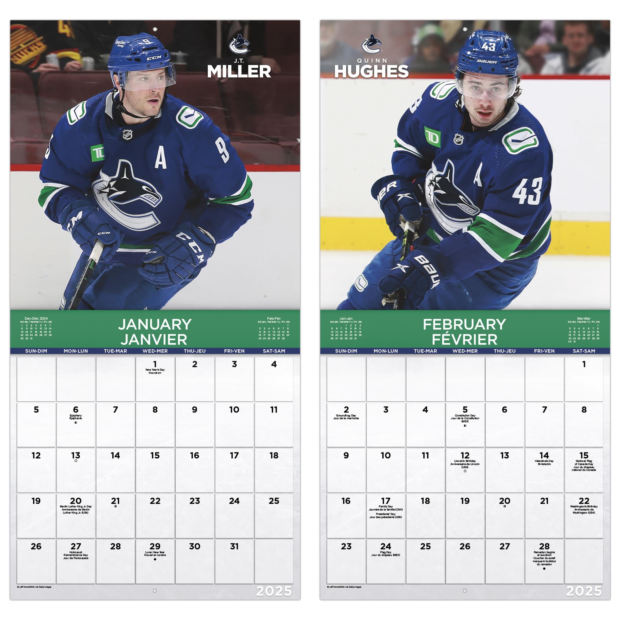 NHL Vancouver Canucks Bilingual Wall 2025 Calendar