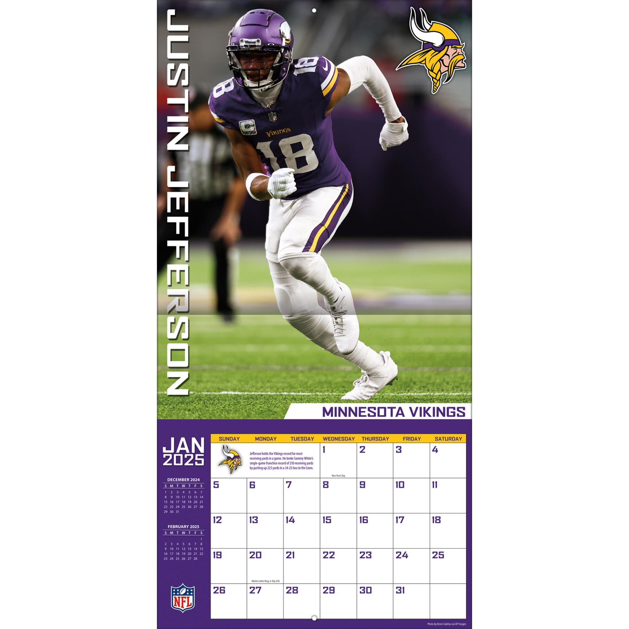 NFL Justin Jefferson Minnesota Vikings Wall 2025 Calendar