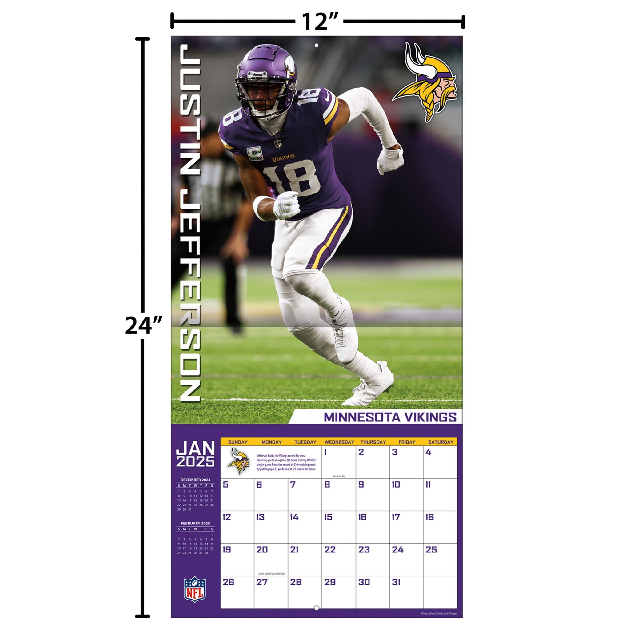 NFL Justin Jefferson Minnesota Vikings Wall 2025 Calendar