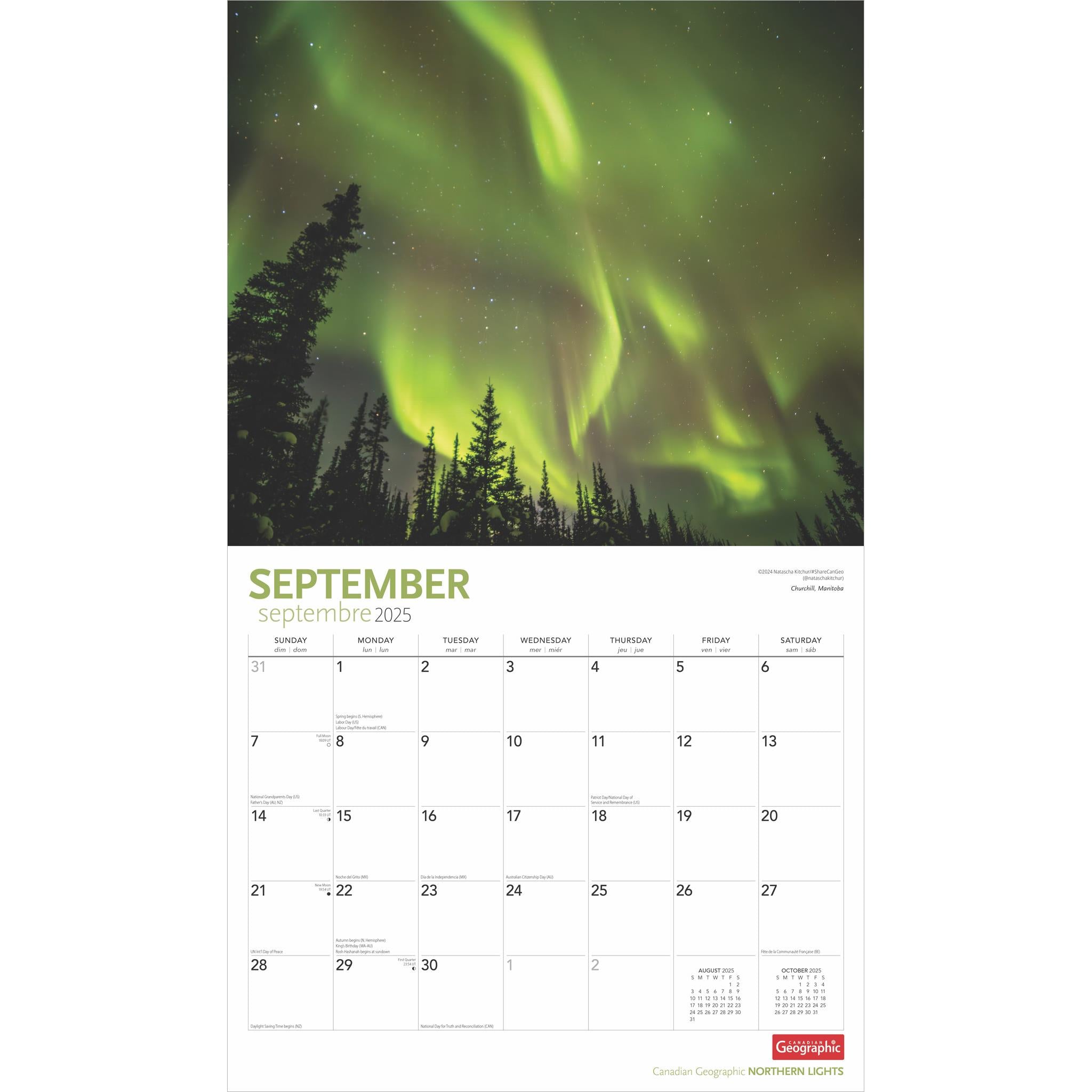 Northern Lights Canadian Georgraphic Wall 2025 Calendar