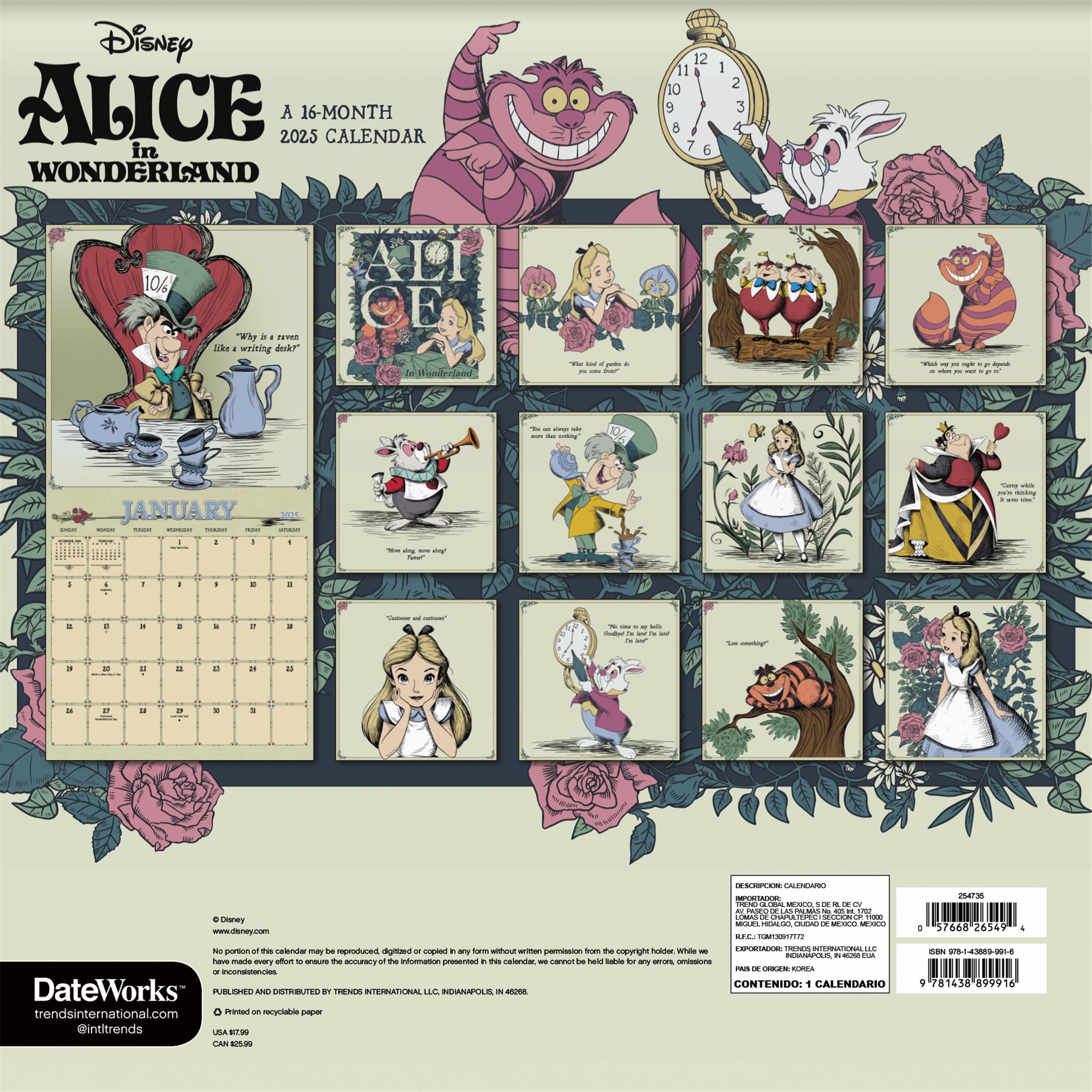 Alice In Wonderland Wall 2025 Calendar - Online Exclusive