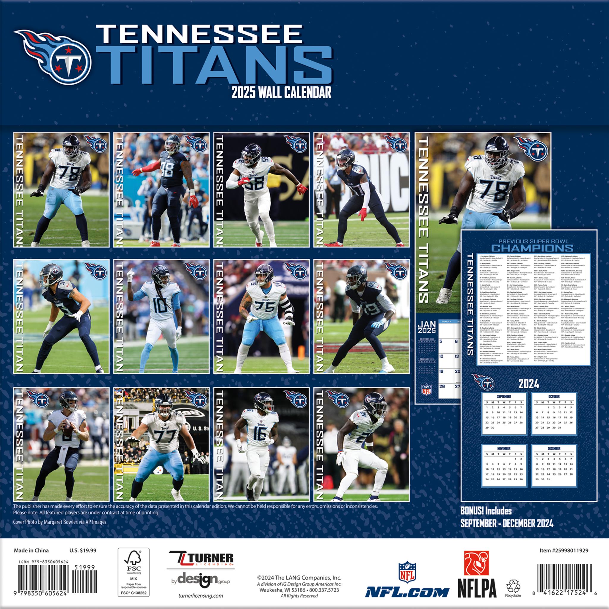 NFL Tennessee Titans Wall 2025 Calendar - Online Exclusive