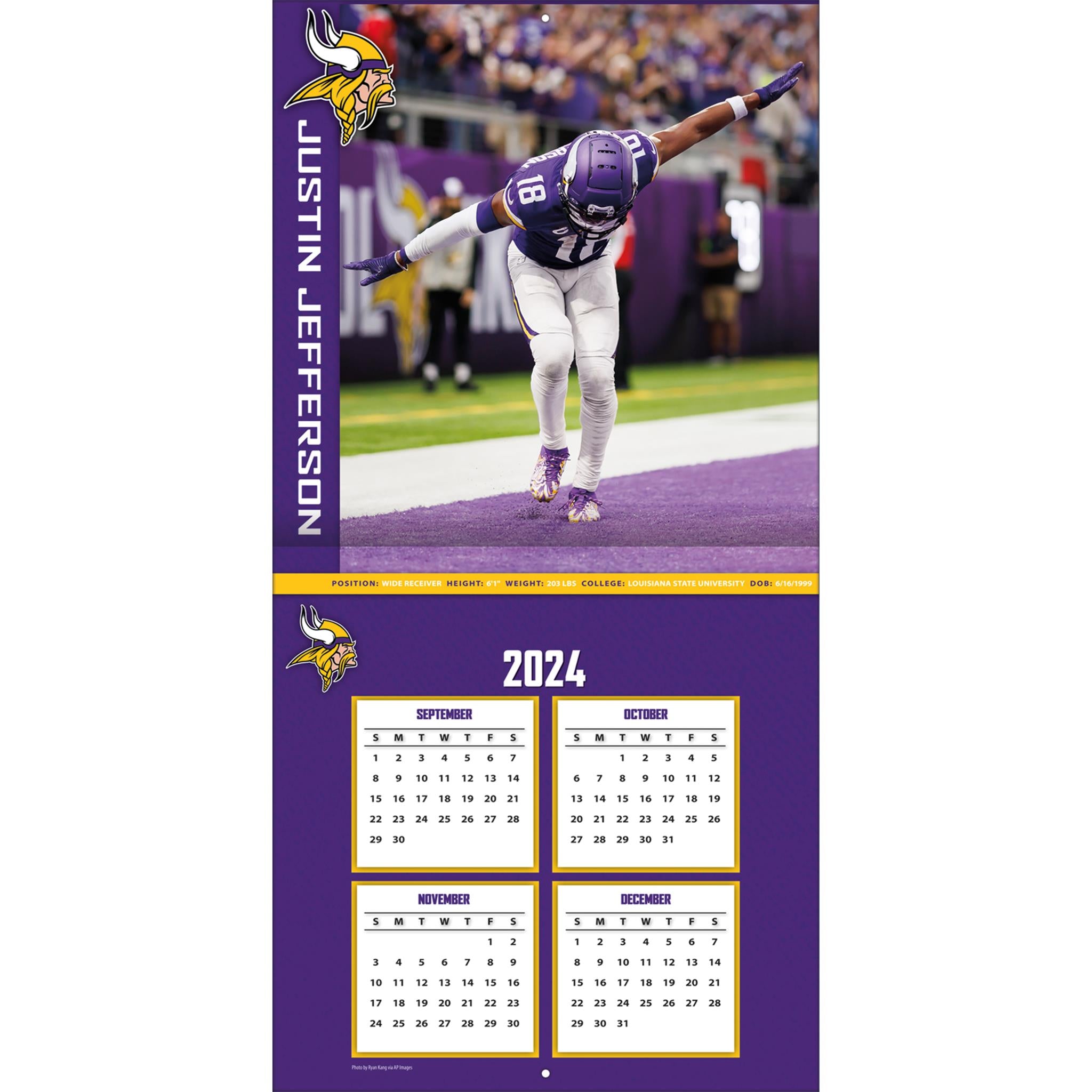 NFL Justin Jefferson Minnesota Vikings Wall 2025 Calendar