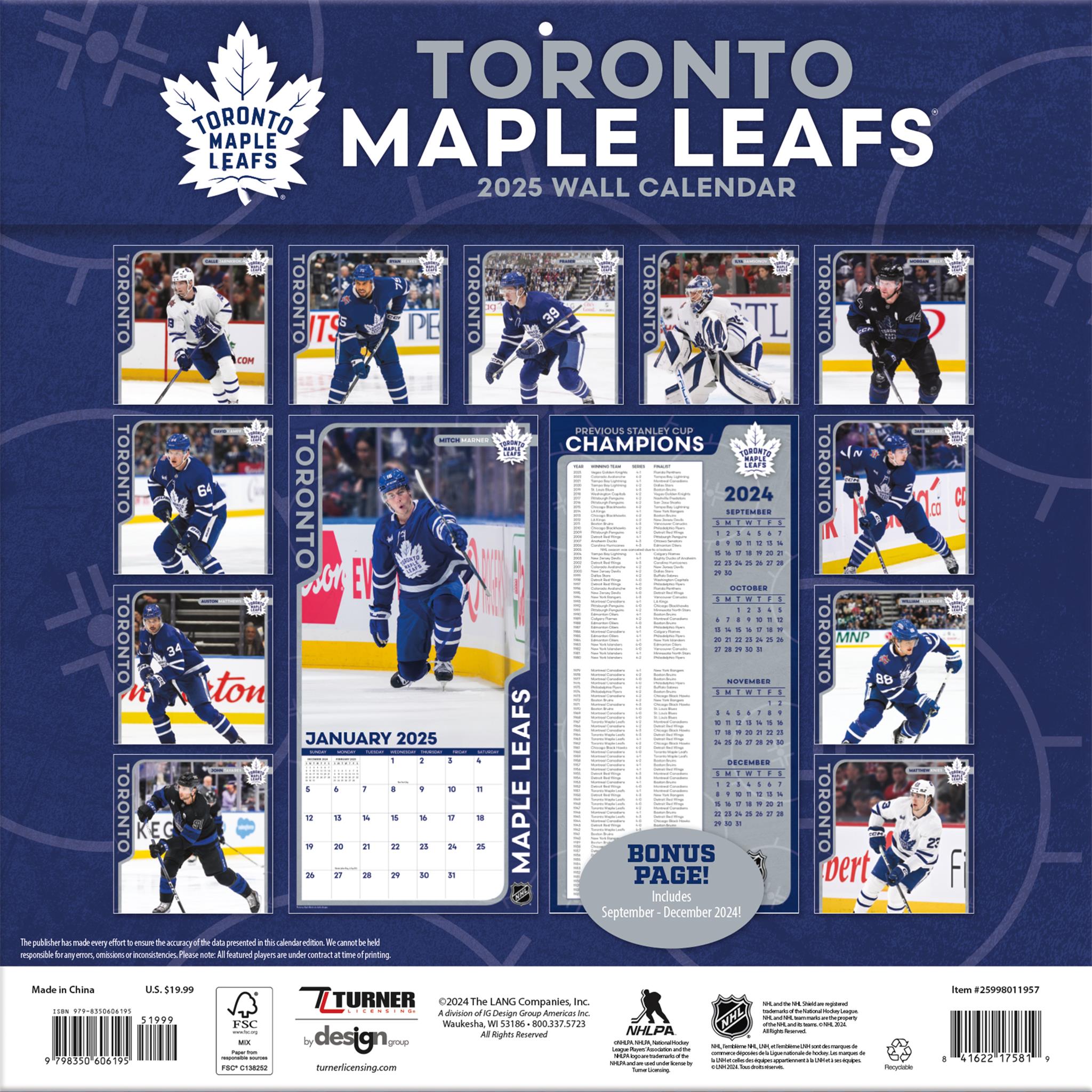 NHL Toronto Maple Leafs Wall 2025 Calendar