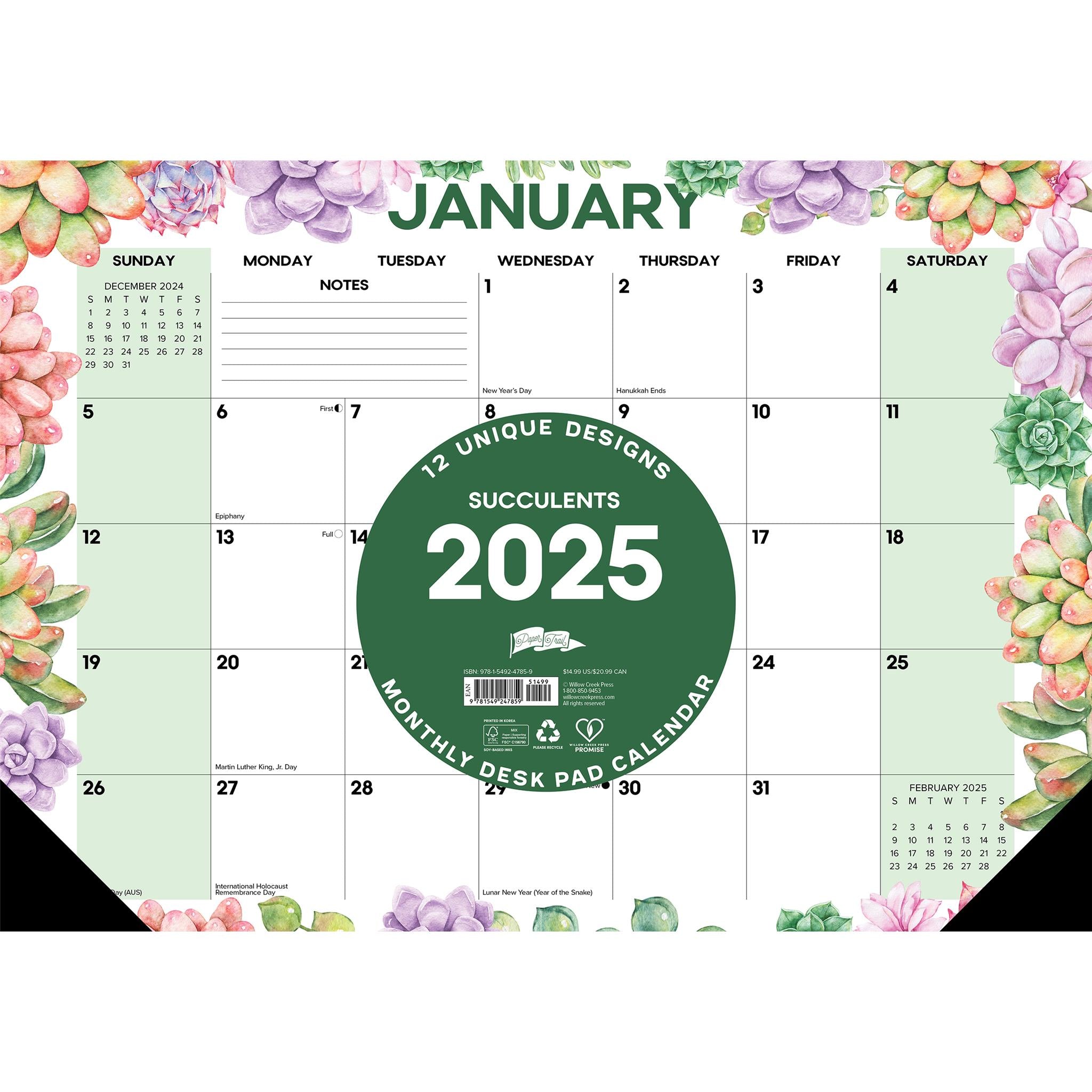 Succulents Small Desk Pad 2025 Calendar