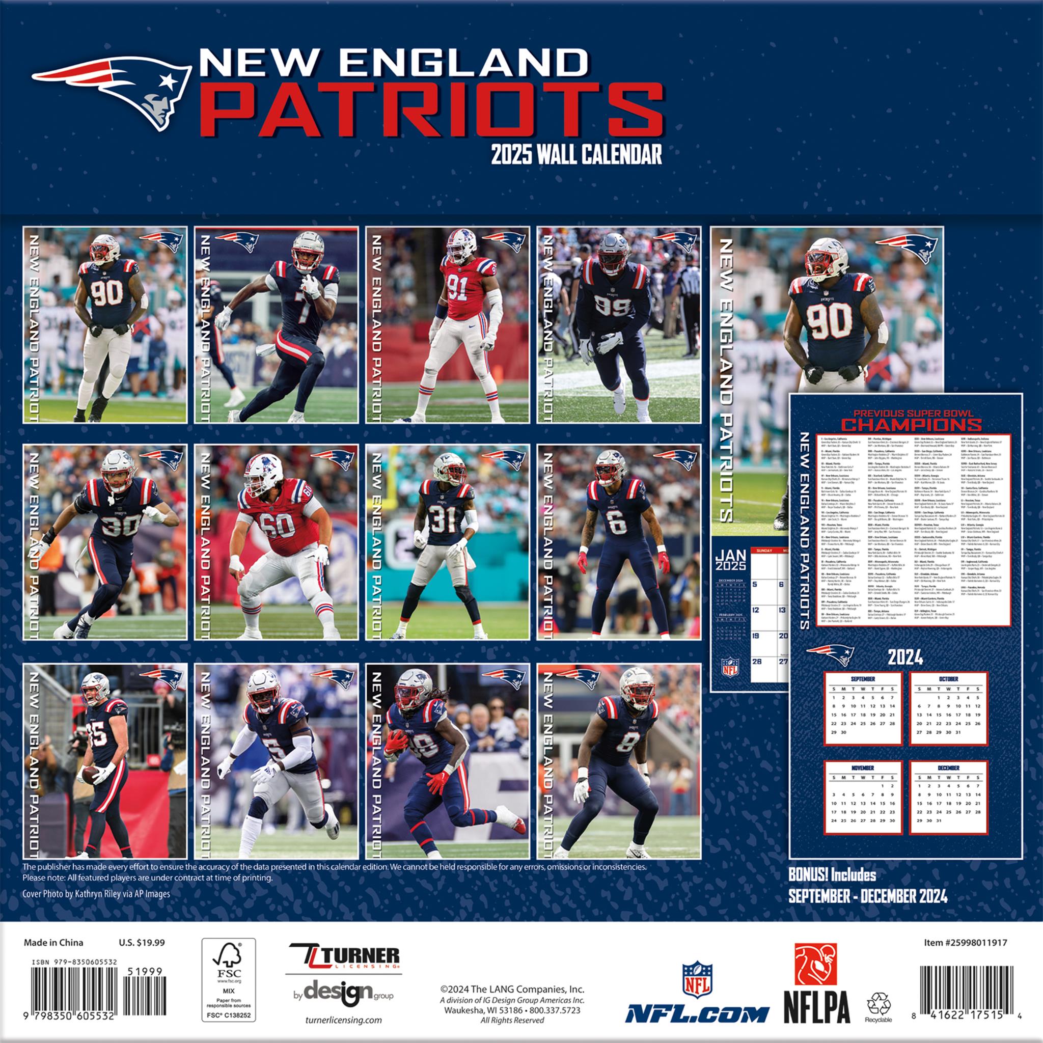 NFL New England Patriots Wall 2025 Calendar