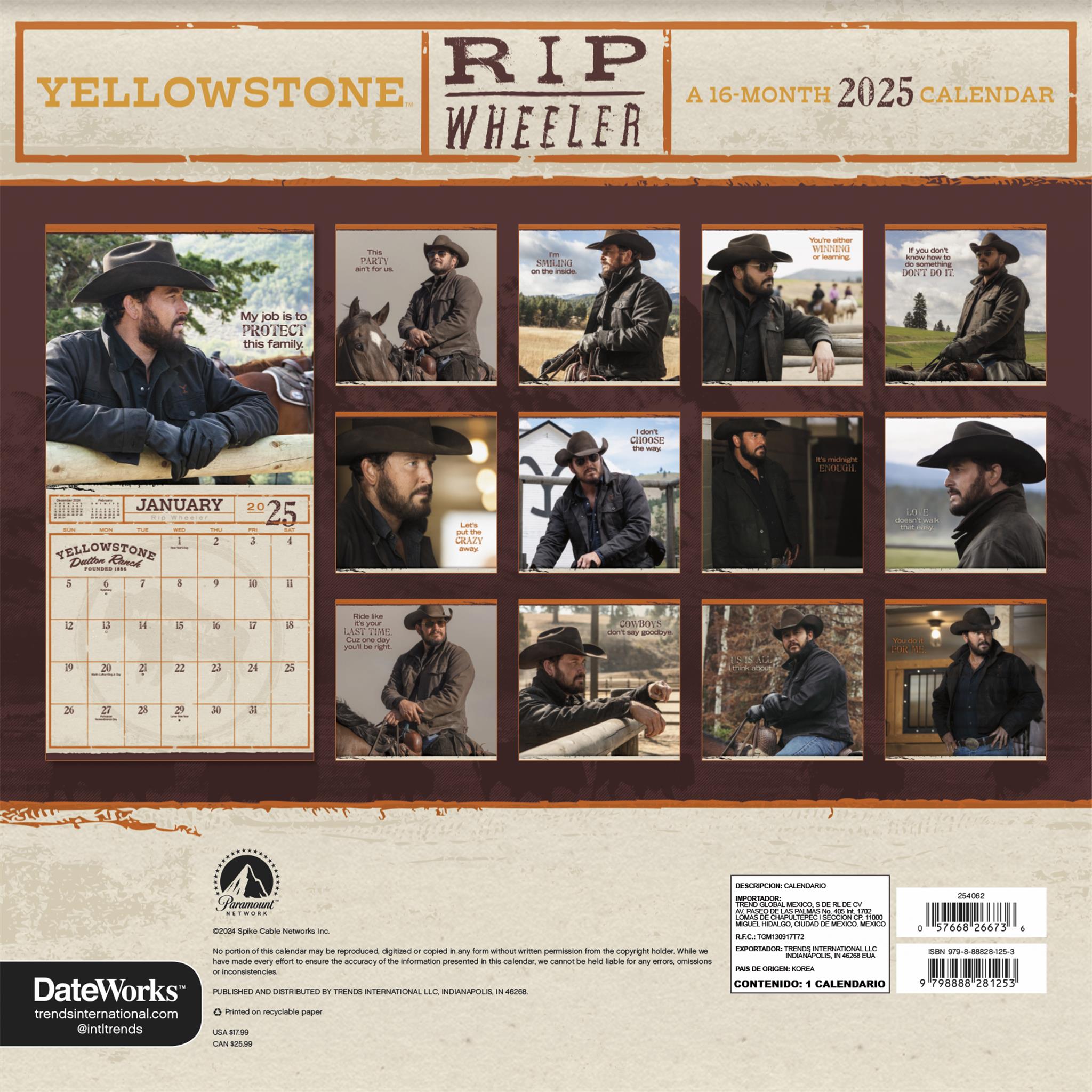 Yellowstone Rip Wheeler Wall 2025 Calendar - Online Exclusive