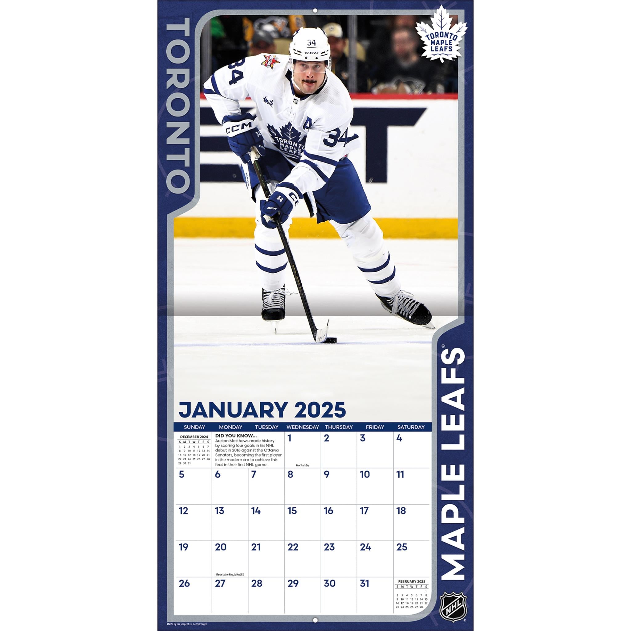 NHL Auston Matthews Toronto Maple Leafs Wall 2025 Calendar