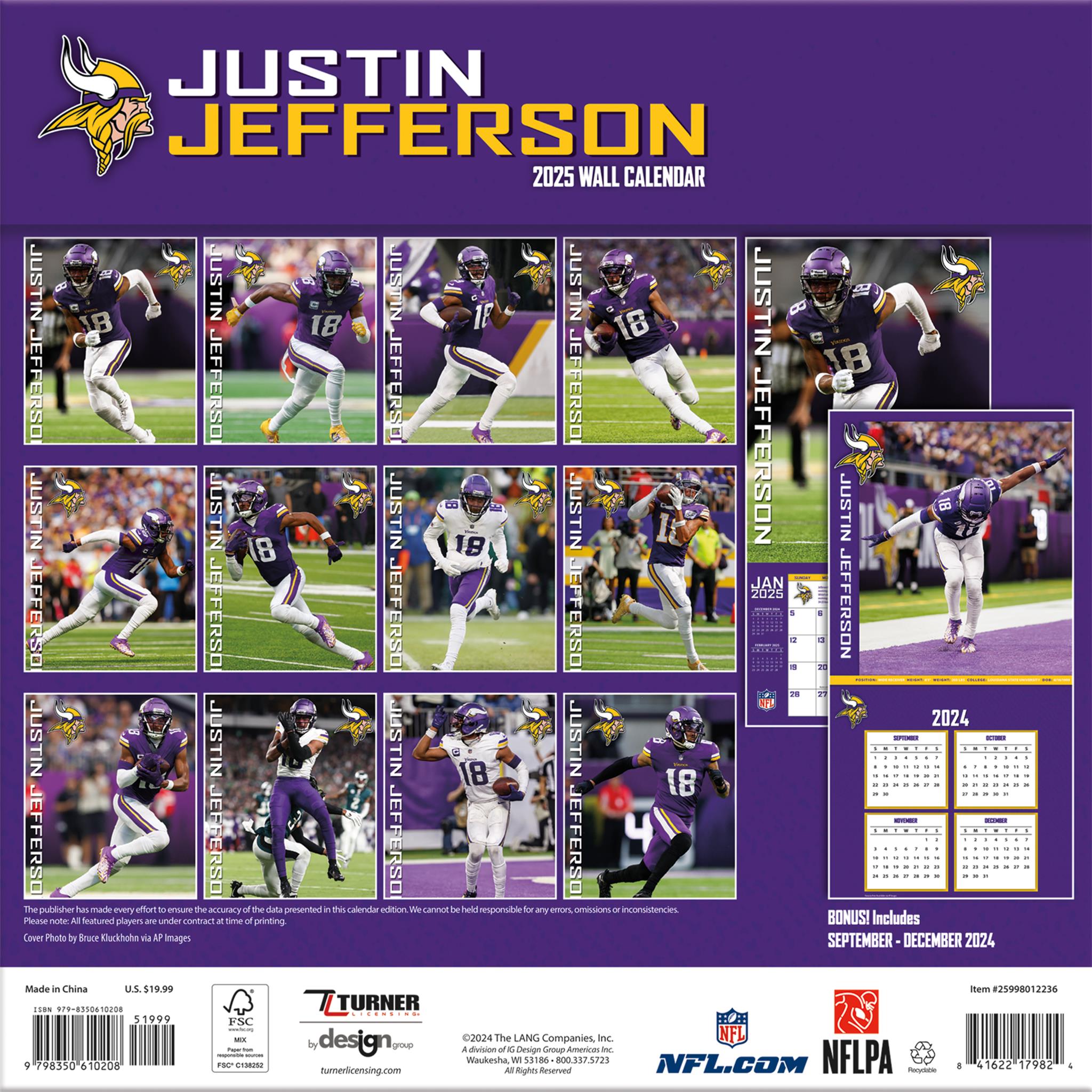 NFL Justin Jefferson Minnesota Vikings Wall 2025 Calendar