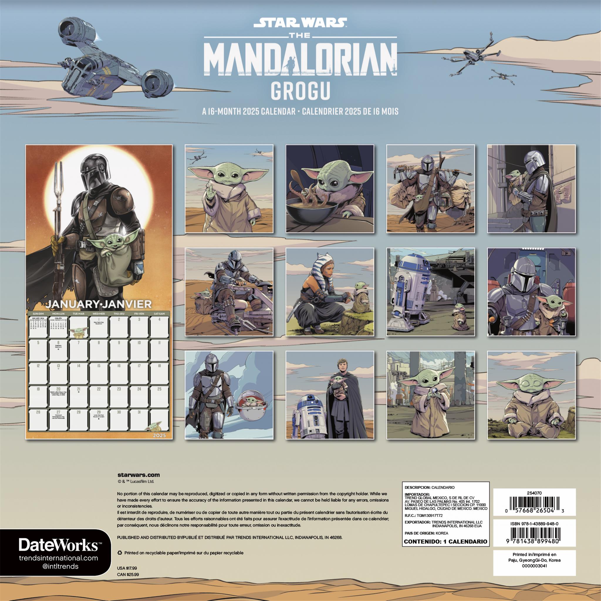 Star Wars Mandalorian Grogu Bilingual Wall 2025 Calendar