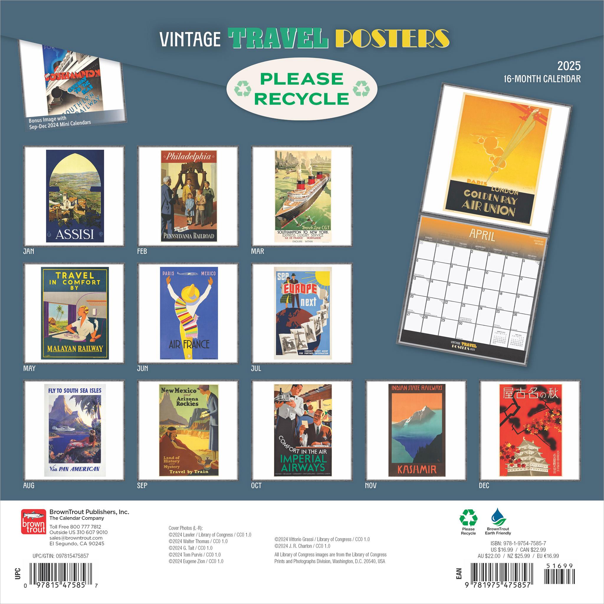 Vintage Travel Posters Wall 2025 Calendar - Online Exclusive